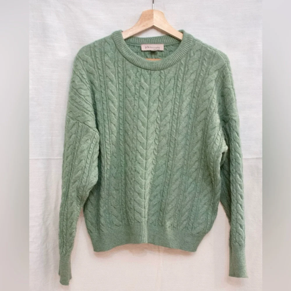 Philosophy Sage Cozy Oversized Cable Knit Sweater  quiet luxury  classic  preppy